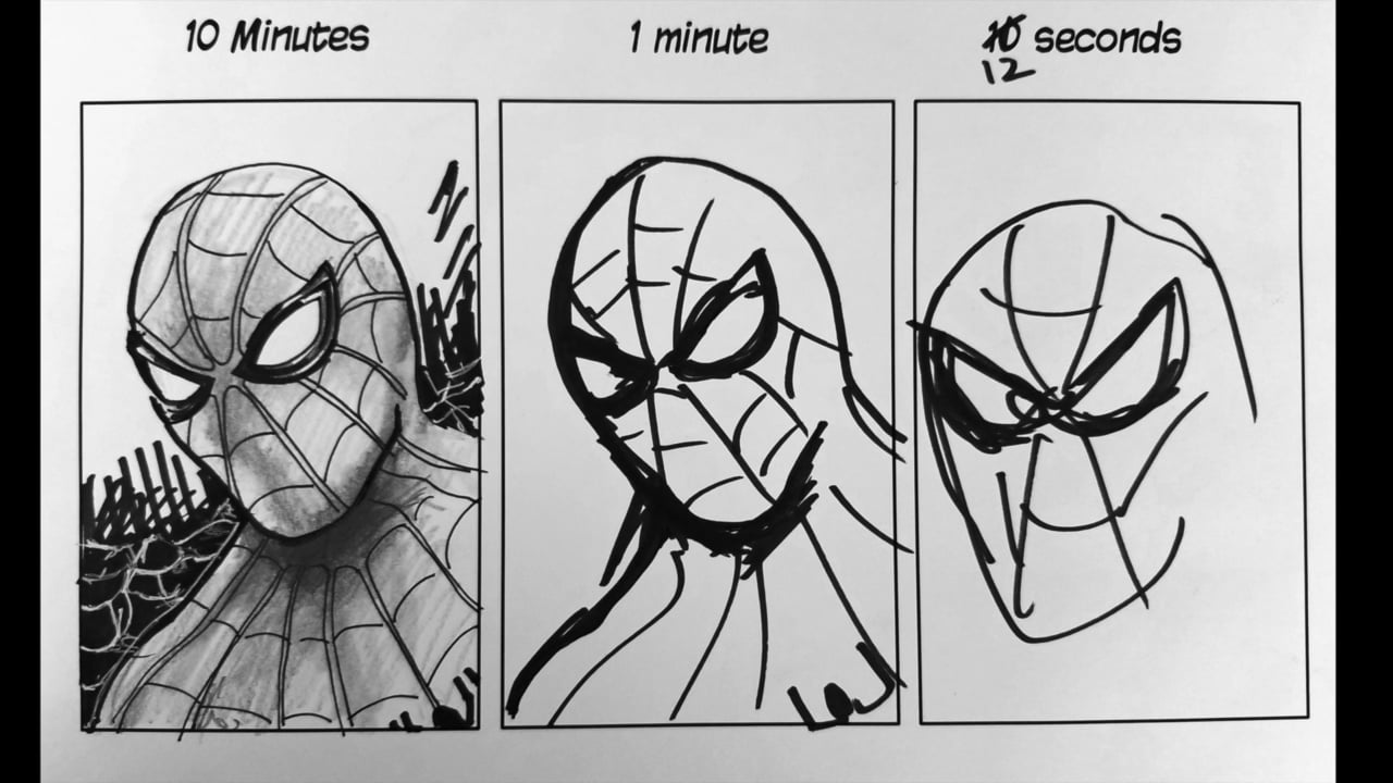 Three sketches of spiderman: one done in 12 seconds, a rough sketch, one done in a minute, a decent drawing, one done in ten minutes, a fleshed out image.