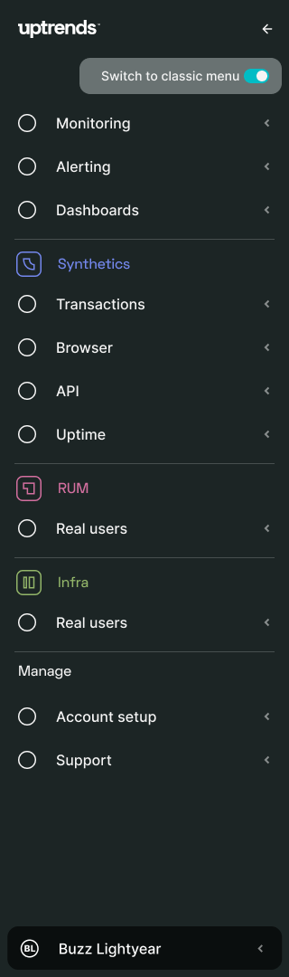 The new Uptrends main menu, with sections for Synthetics, RUM and Infra.